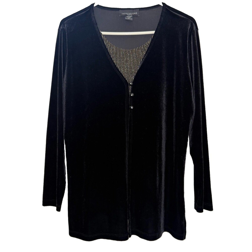 NWT Impressions Lifestyle Black Velvet Gold Metallic Tunic Top M Vintage 90s Y2K